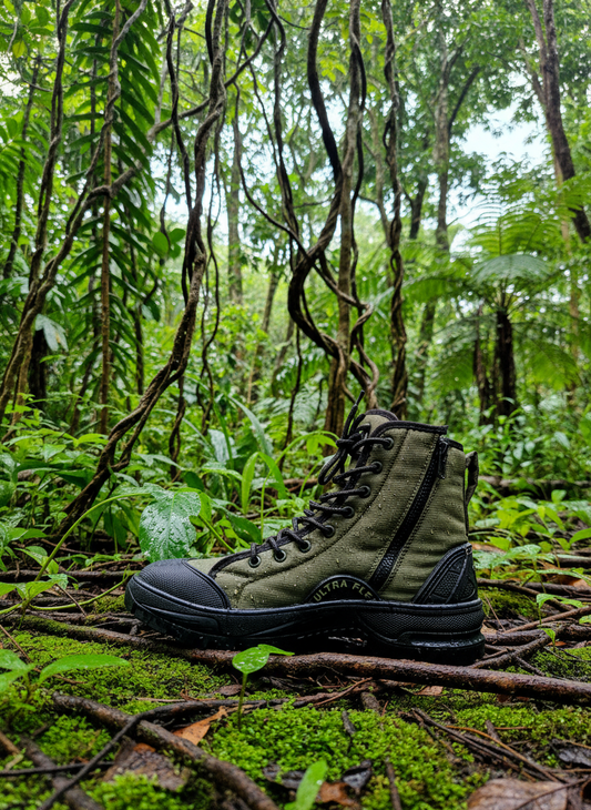 PROTAC RAPTOR Hunter 2.0 Shoes Green in a forest trail for hiking and outdoor adventures
