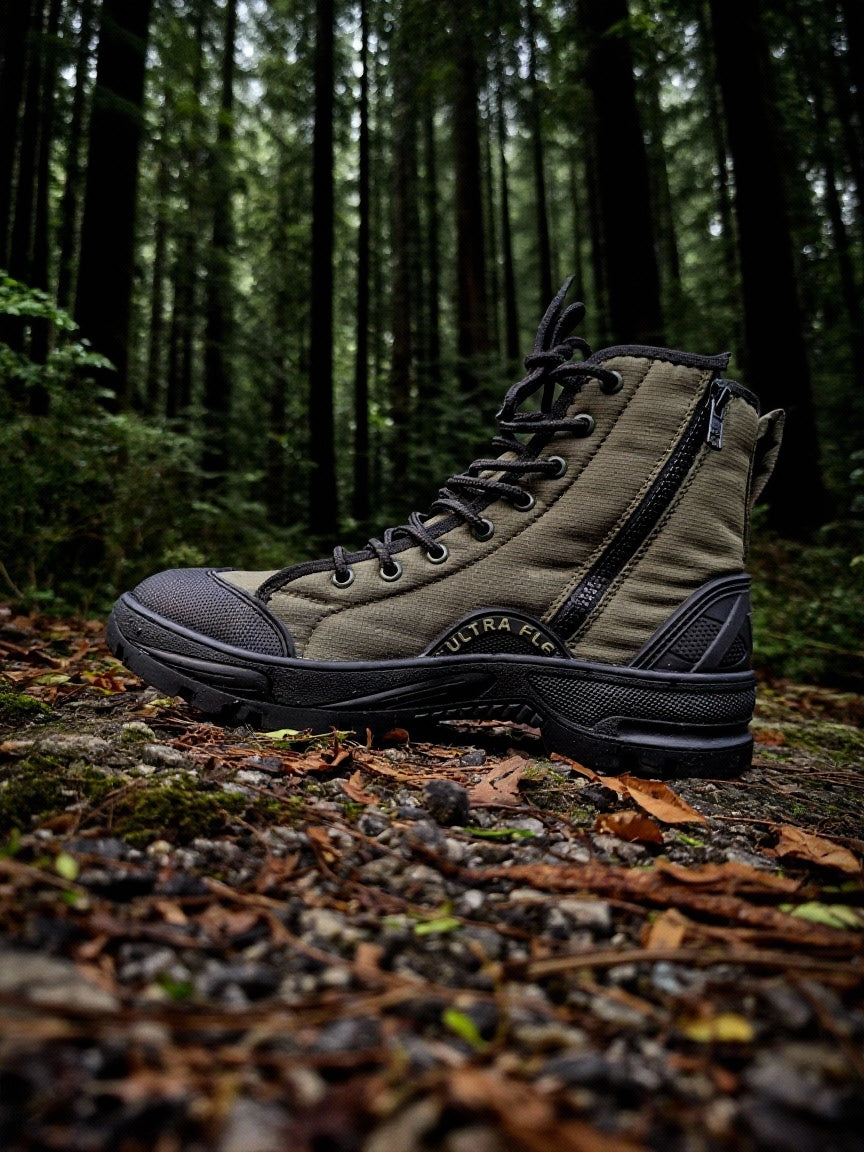 Side view of PROTAC RAPTOR Hunter 2.0 shoes in an outdoor forest setting